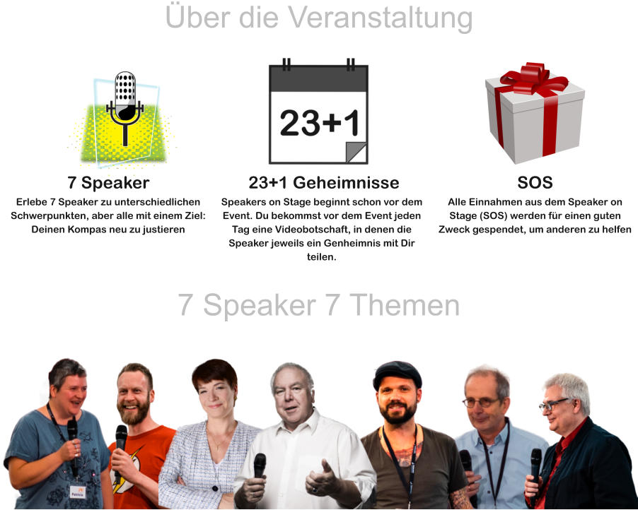 23+1 Geheimnisse Speakers on Stage beginnt schon vor dem Event. Du bekommst vor dem Event jeden Tag eine Videobotschaft, in denen die Speaker jeweils ein Genheimnis mit Dir teilen. 7 Speaker Erlebe 7 Speaker zu unterschiedlichen Schwerpunkten, aber alle mit einem Ziel: Deinen Kompas neu zu justieren SOS Alle Einnahmen aus dem Speaker on Stage (SOS) werden für einen guten Zweck gespendet, um anderen zu helfen Über die Veranstaltung 7 Speaker 7 Themen